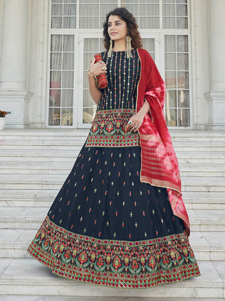 Myra Navy Blue - Pink Embroidered Designer Lehenga - Distacart