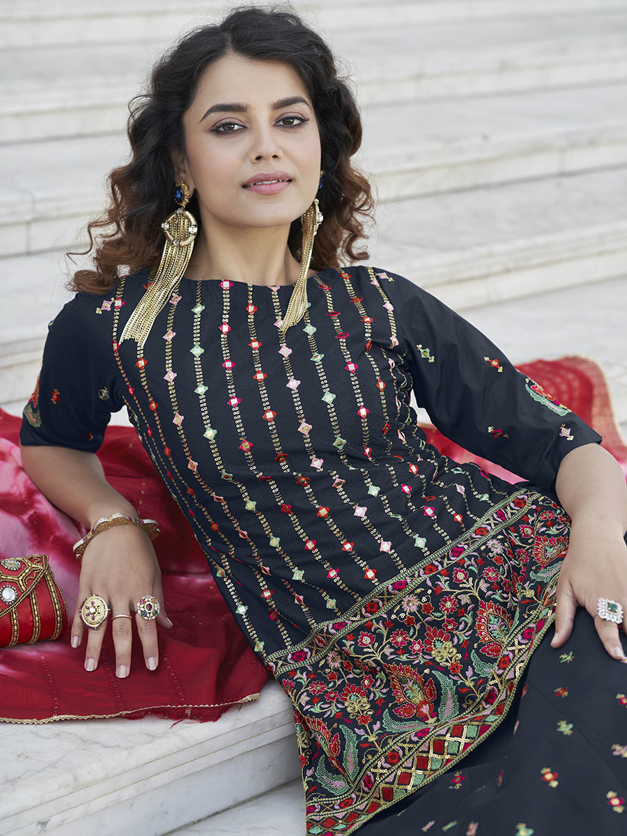 Myra Navy Blue - Pink Embroidered Designer Lehenga - Distacart