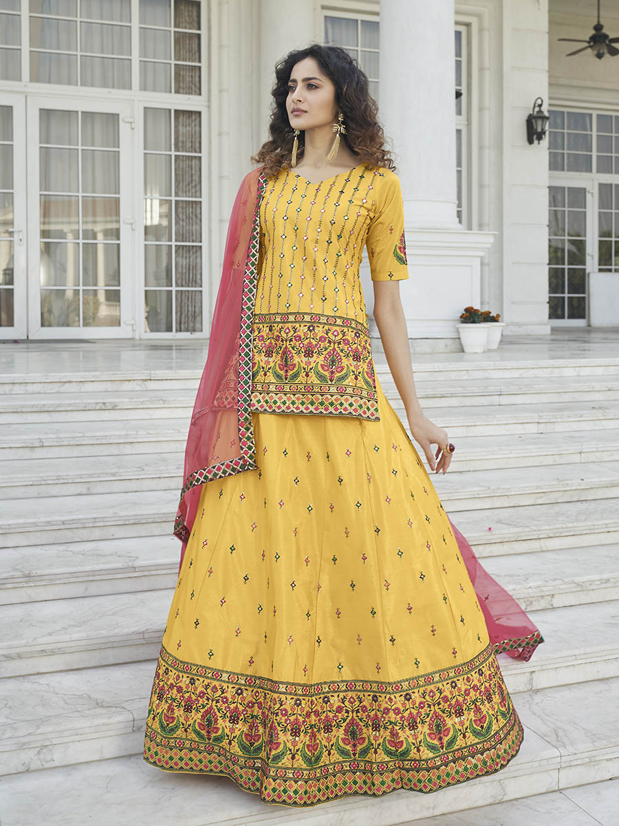 Myra Yellow - Deep Pink Embroidered Designer Lehenga - Distacart