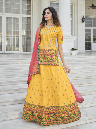 Myra Yellow - Deep Pink Embroidered Designer Lehenga - Distacart