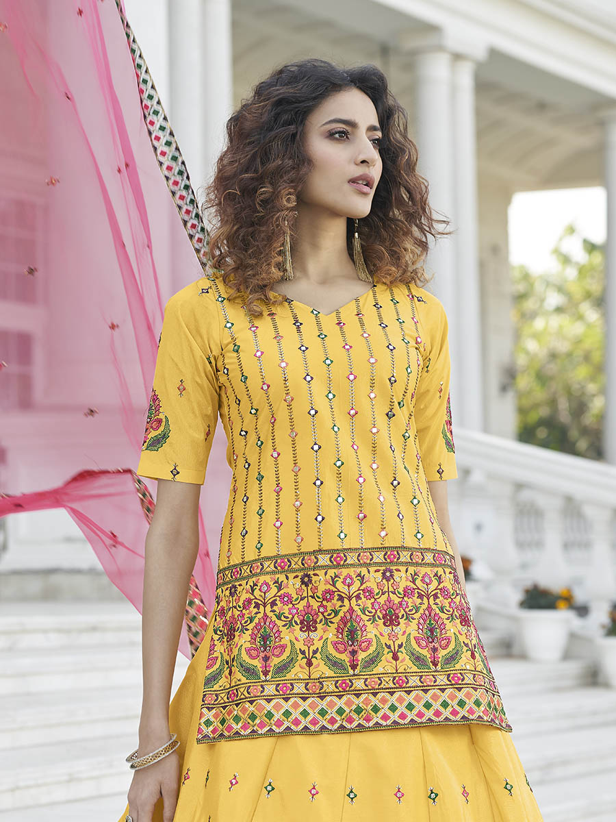 Myra Yellow - Deep Pink Embroidered Designer Lehenga - Distacart