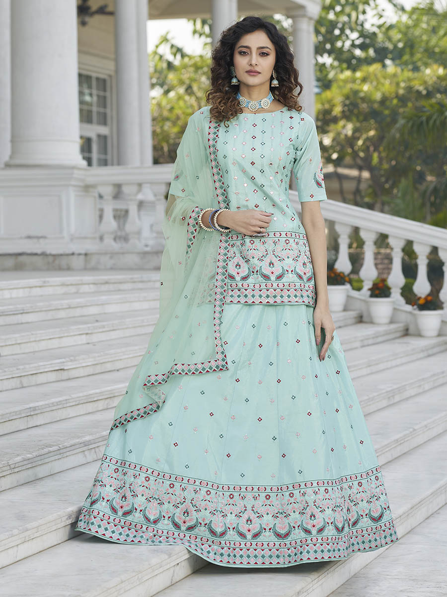 Myra Sky Blue Embroidered Designer Lehenga - Distacart