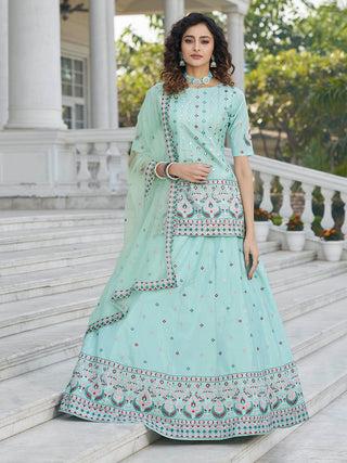 Myra Sky Blue Embroidered Designer Lehenga - Distacart