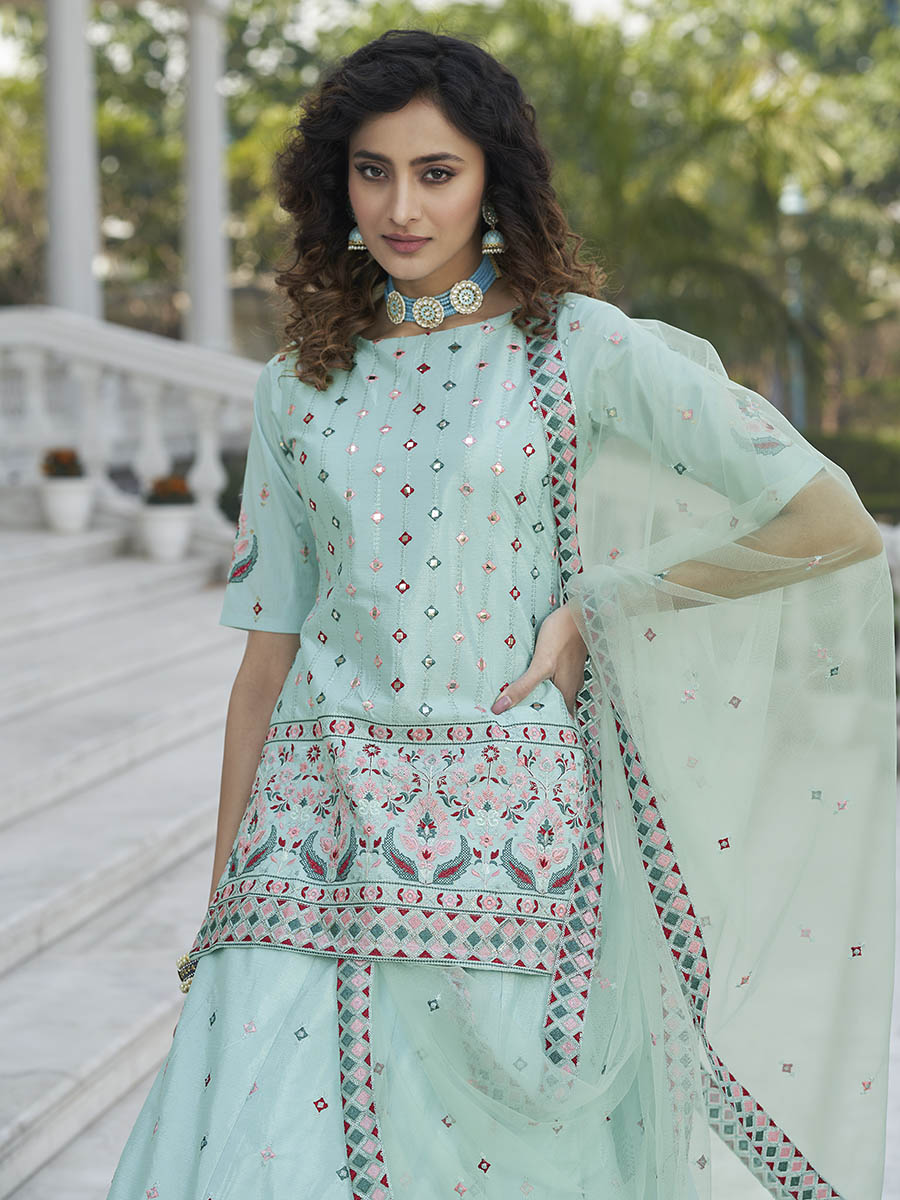 Myra Sky Blue Embroidered Designer Lehenga - Distacart