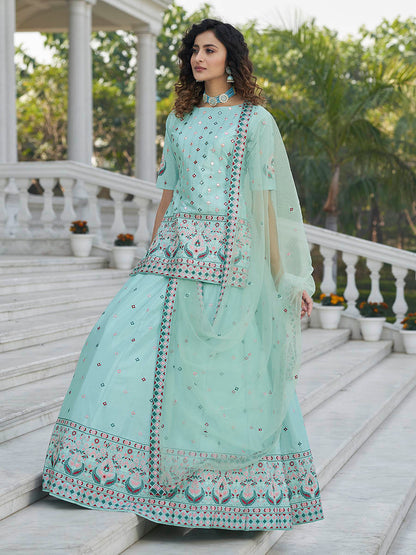 Myra Sky Blue Embroidered Designer Lehenga - Distacart