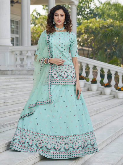 Myra Sky Blue Embroidered Designer Lehenga - Distacart