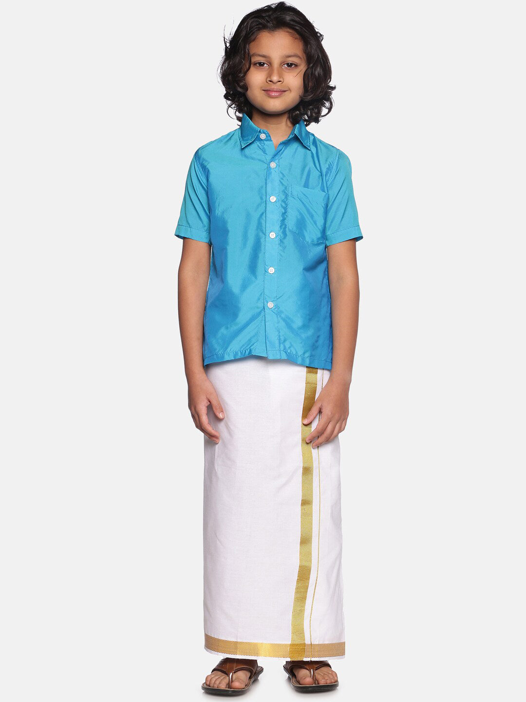 Sethukrishna Boys Turquoise Blue & White Solid Cotton Shirt & Dhoti Set - Distacart