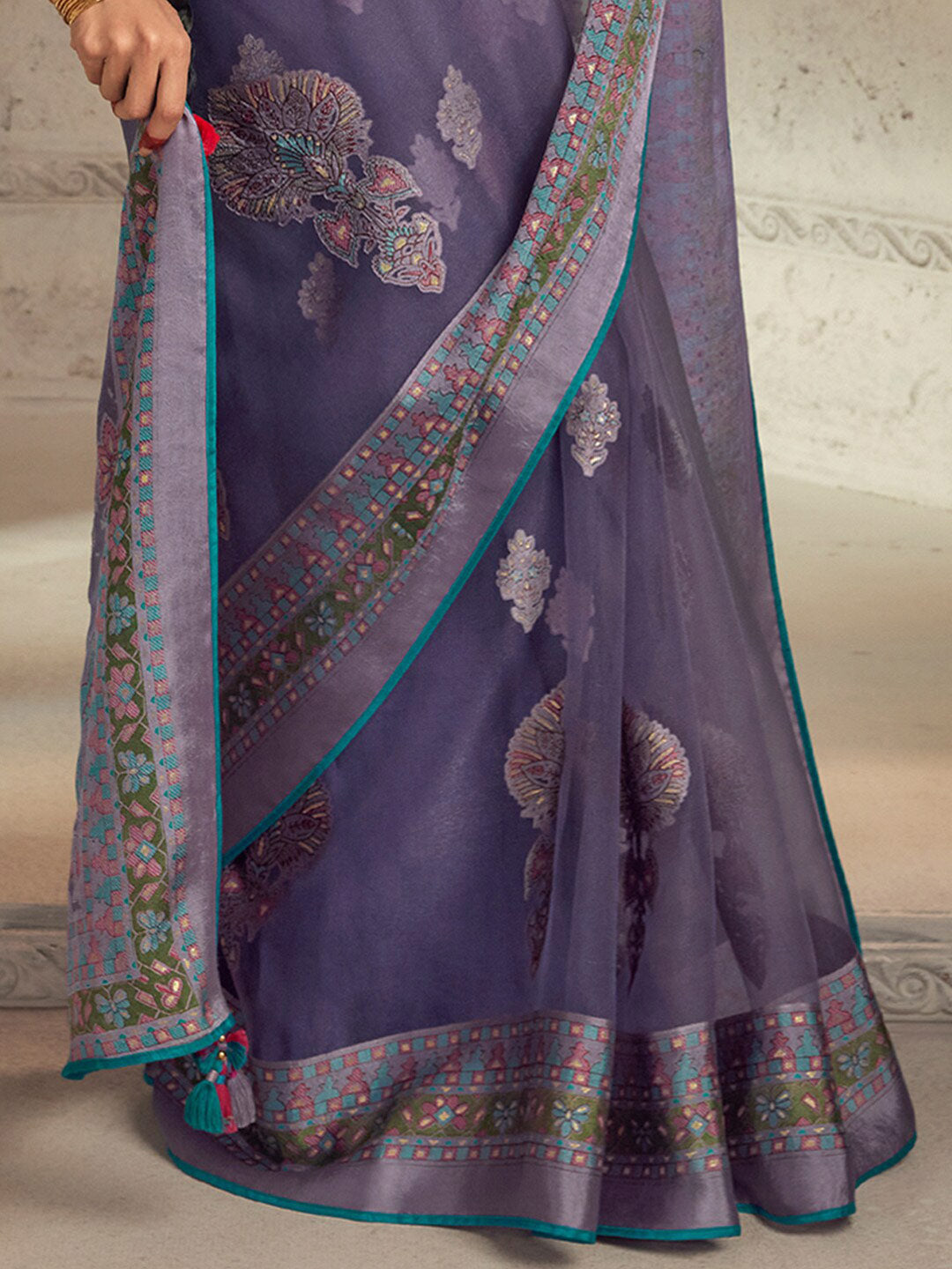 Mitera Violet & Blue Ethnic Motifs Printed Brasso Saree - Distacart