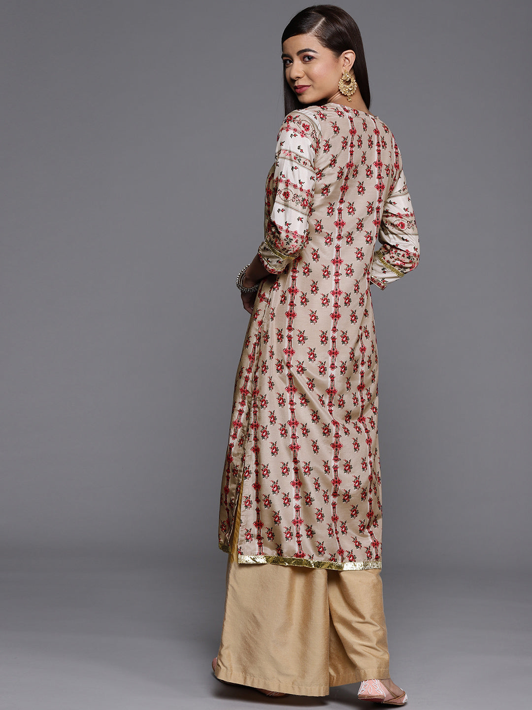 Biba Women Grey & Red Floral Printed Extended Sleeves Kurta - Distacart