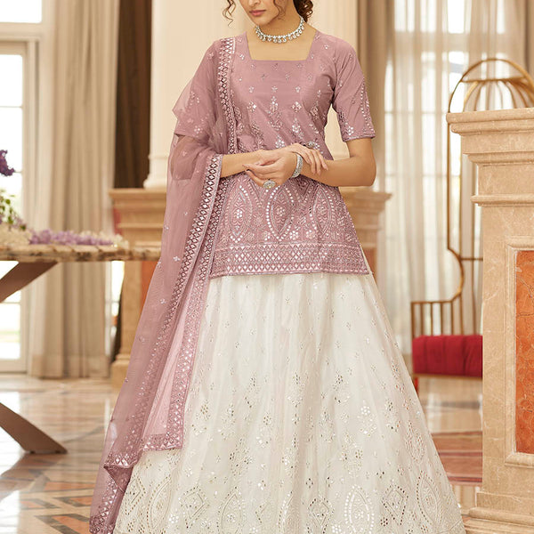 Myra Pearl White and Dusty Pink Embroidered Designer Lehenga - Distacart
