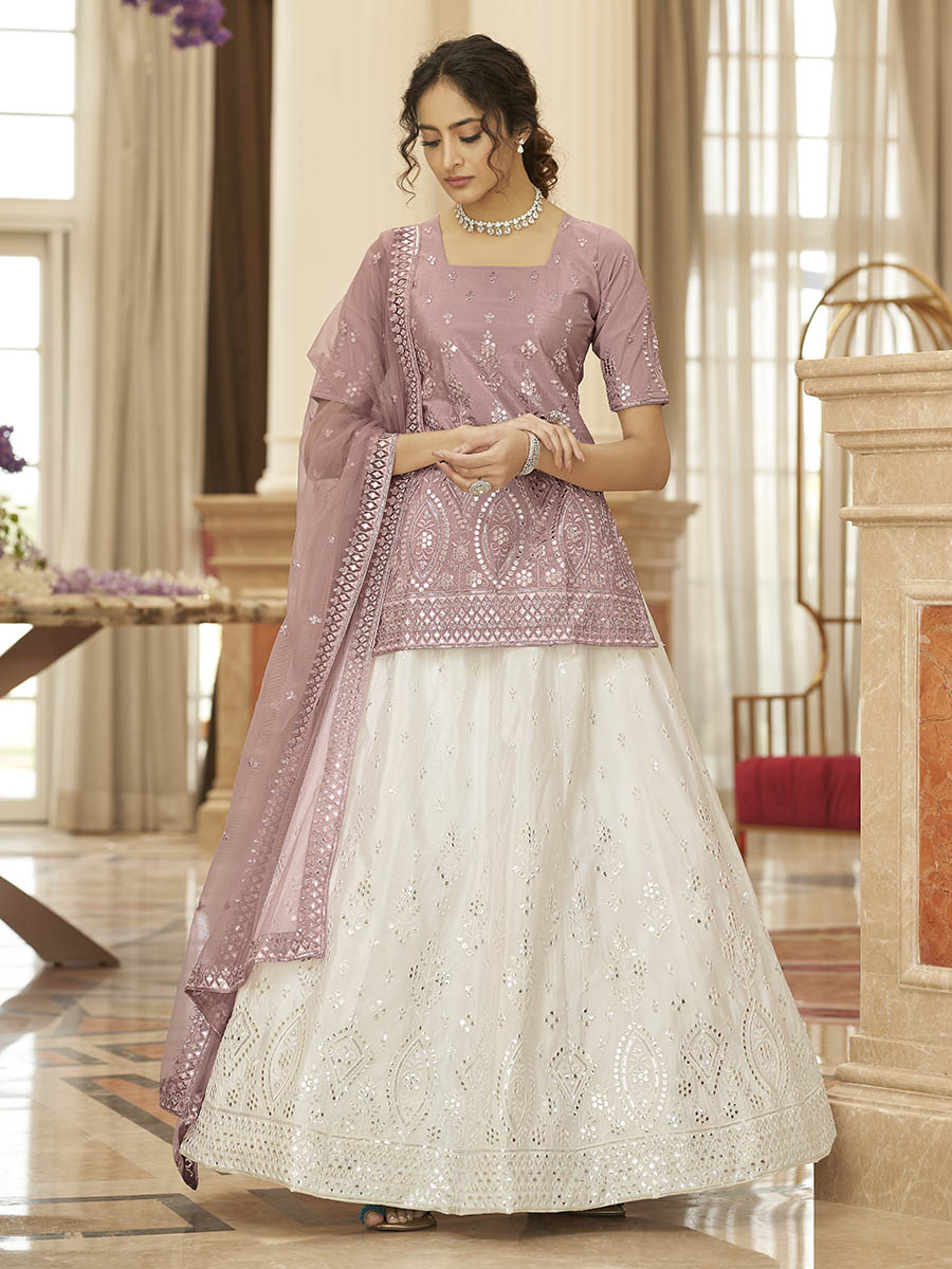 Myra Pearl White and Dusty Pink Embroidered Designer Lehenga - Distacart