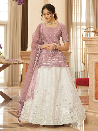 Myra Pearl White and Dusty Pink Embroidered Designer Lehenga - Distacart