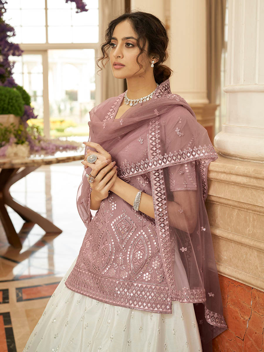 Myra Pearl White and Dusty Pink Embroidered Designer Lehenga - Distacart