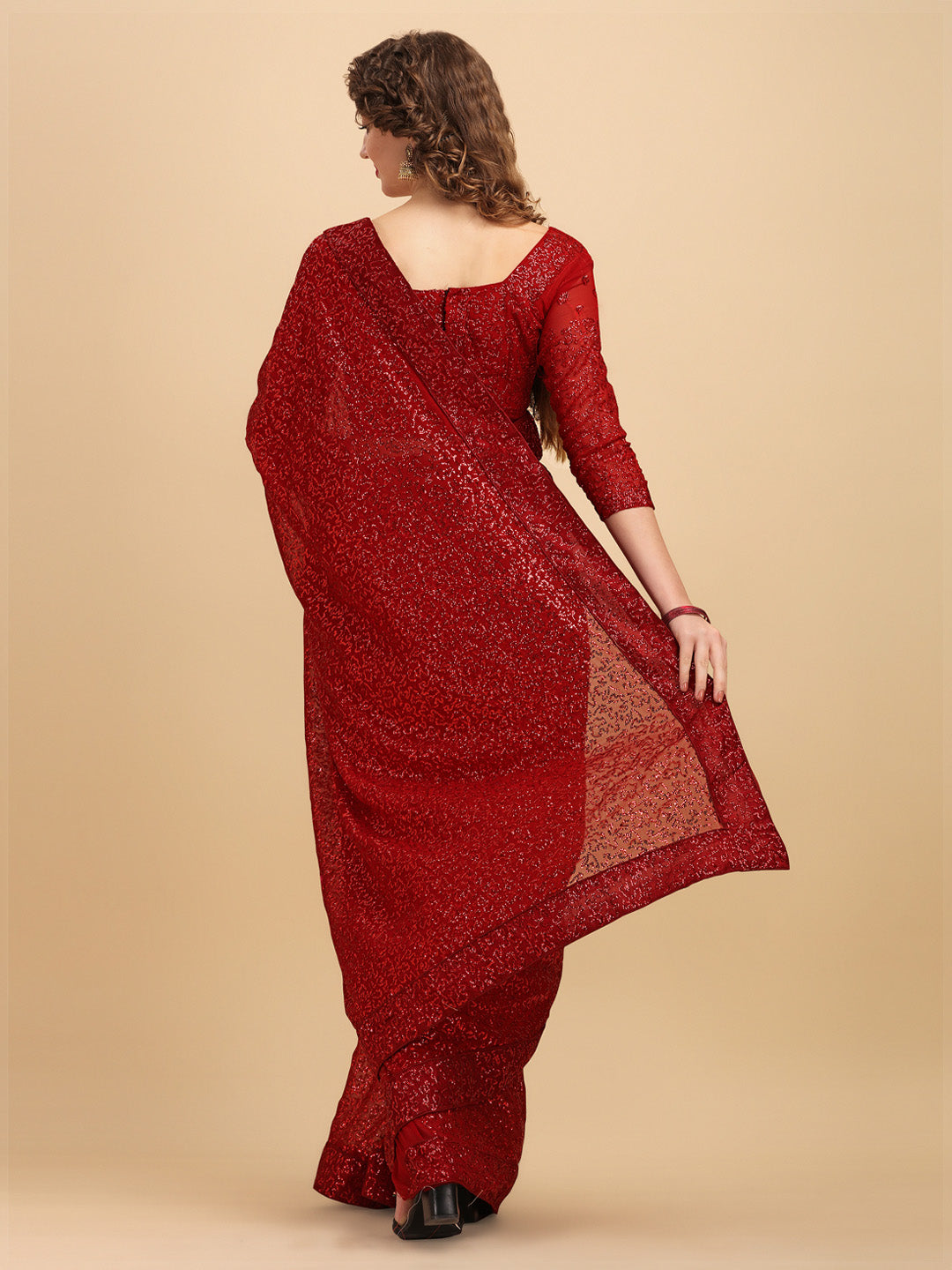 Sangria Maroon Embellished Sequinned Pure Georgette Saree - Distacart