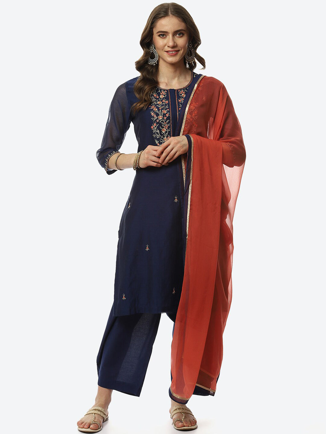 Biba Women Plus size Floral Embroidered Kurta with Trouser & With Dupatta - Distacart