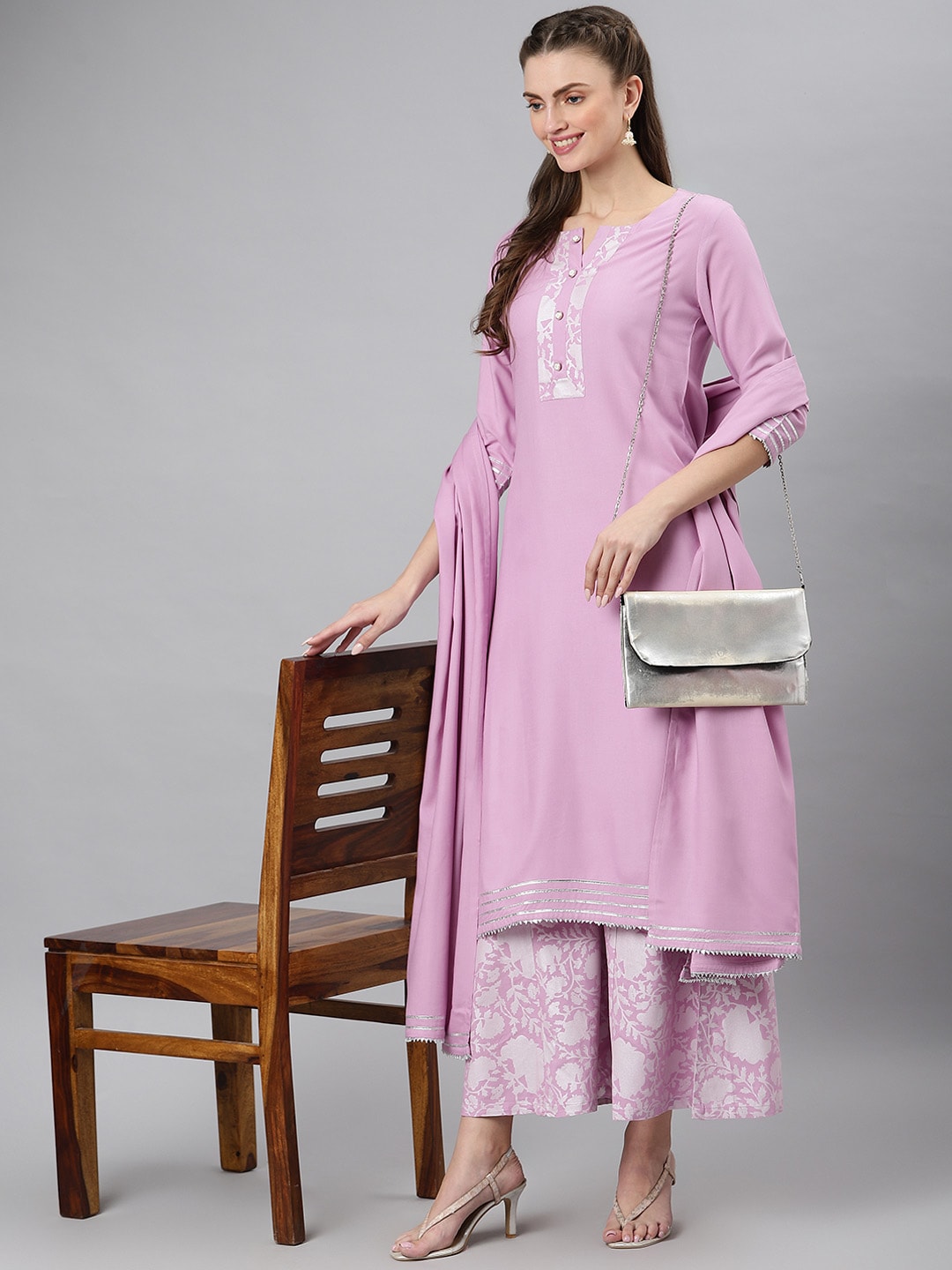 Khushal K Women Lavender Printed Kurta with Palazzos - Distacart