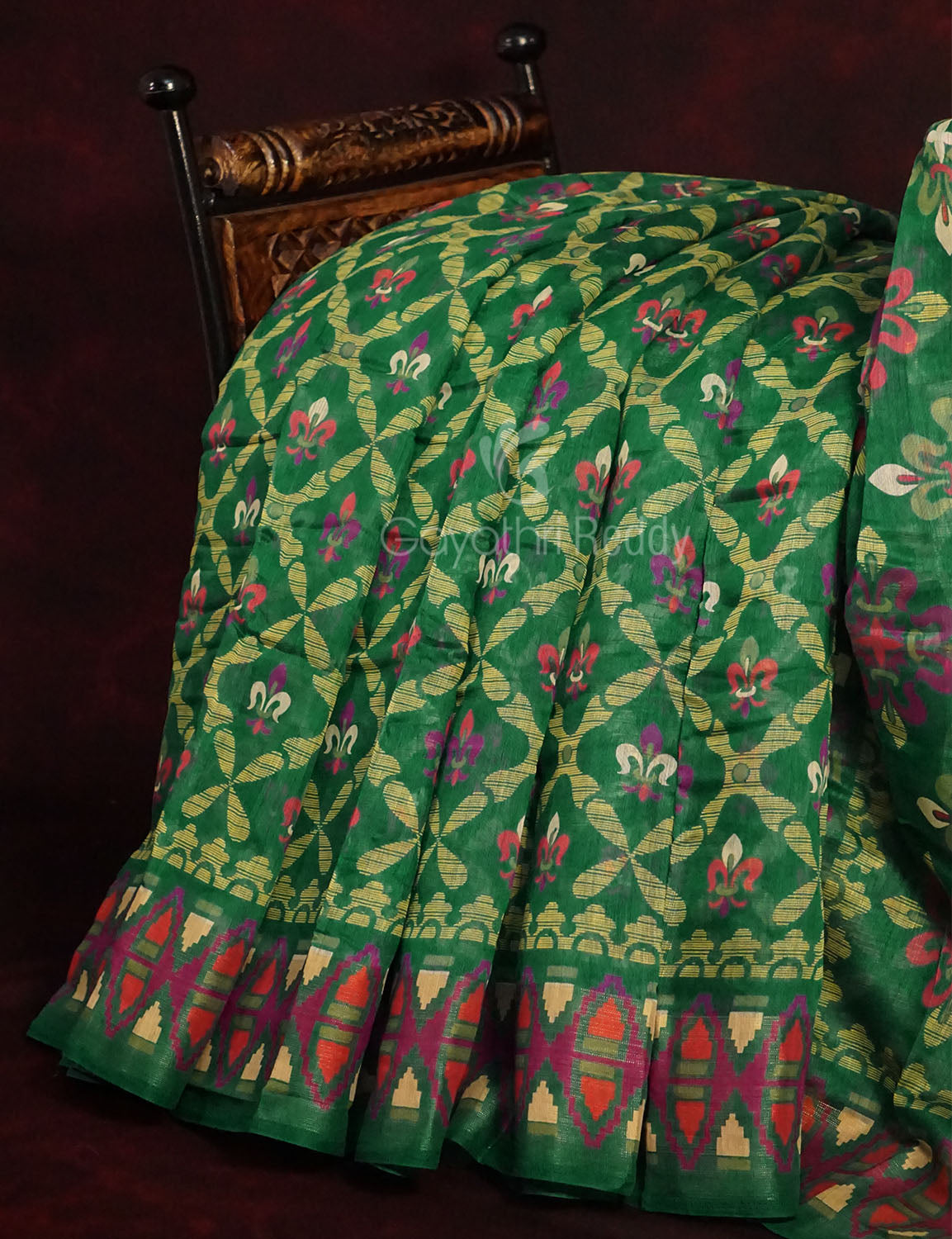 Dark Leaf Colored All Over Printed Semi Chanderi Saree By Gayathri Reddy Designer Studio - Distacart
