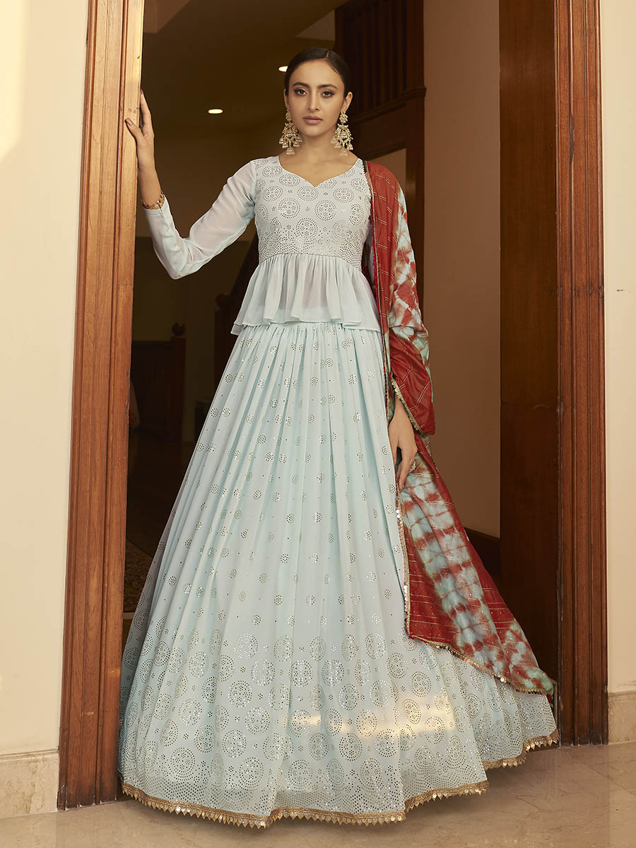 Myra Sky Multicolour Shibori Print Designer Lehenga - Distacart