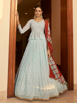 Myra Sky Multicolour Shibori Print Designer Lehenga - Distacart