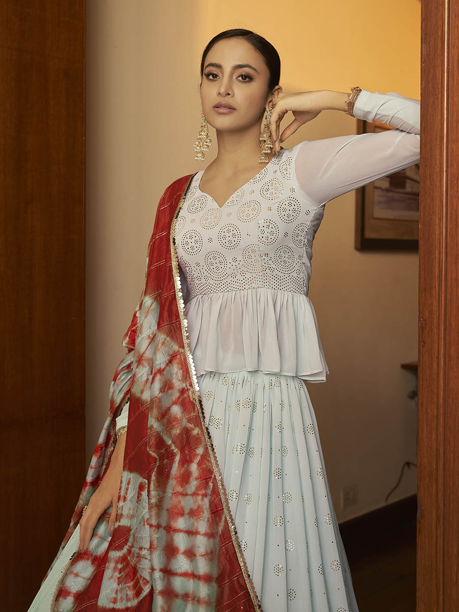 Myra Sky Multicolour Shibori Print Designer Lehenga - Distacart