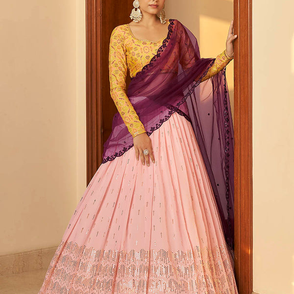 Myra Multicolour Georgette Mukaish Work Designer Lehenga - Distacart