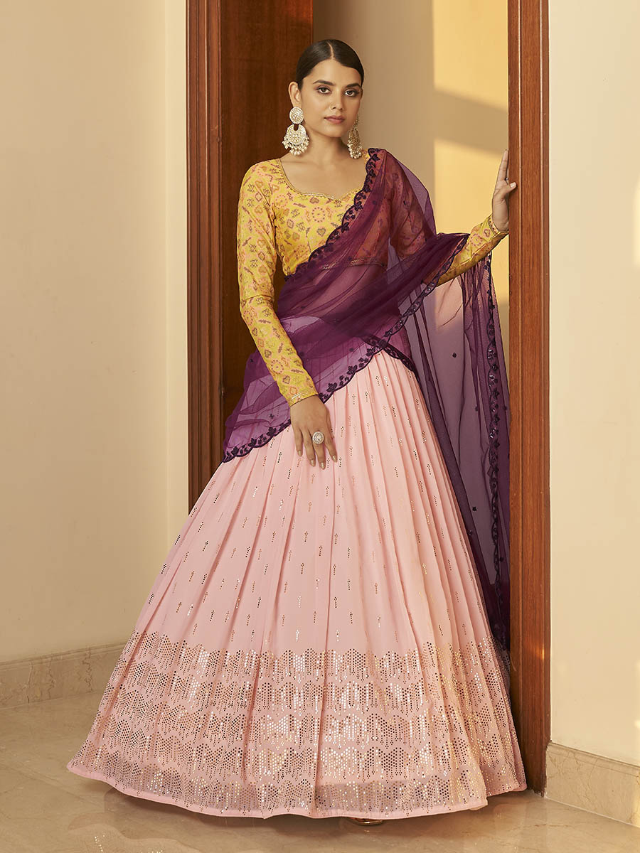 Myra Multicolour Georgette Mukaish Work Designer Lehenga - Distacart