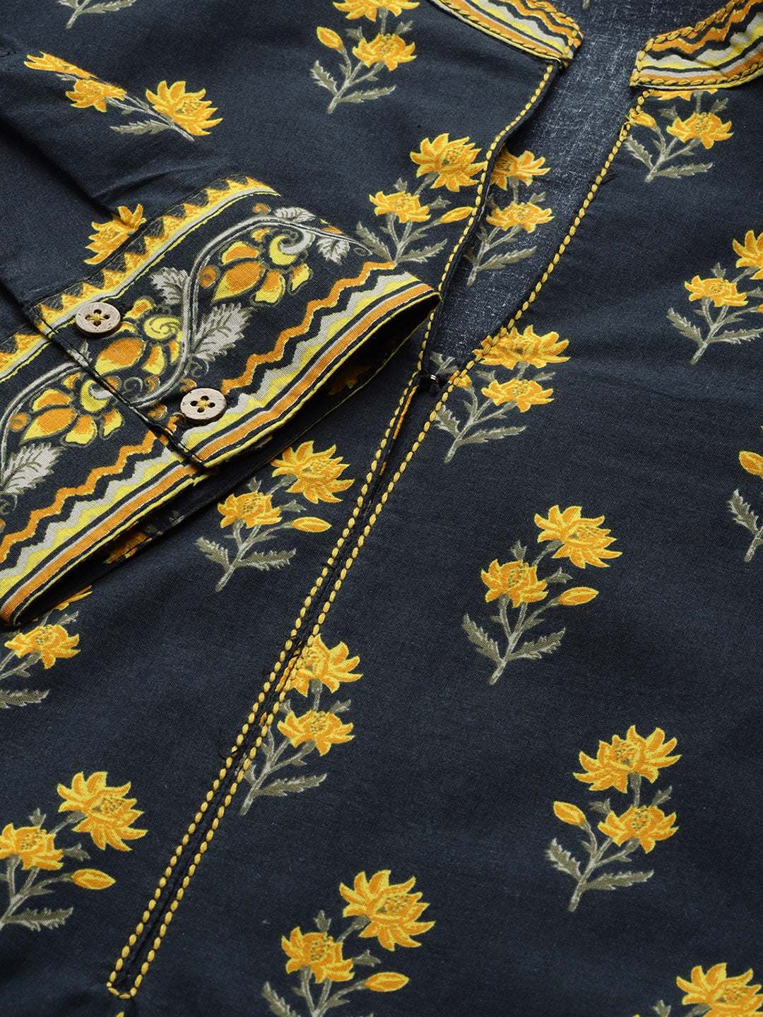 Biba Women Black & Mustard Yellow Pure Cotton Printed Kurta with Churidar - Distacart