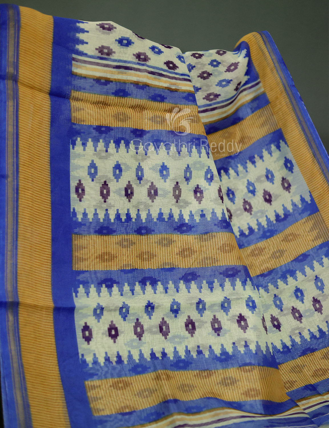 Shades of Cream And Ink Blue Colour Blouse Patola Print Semi Chanderi Saree By Gayathri Reddy Designer Studio - Distacart