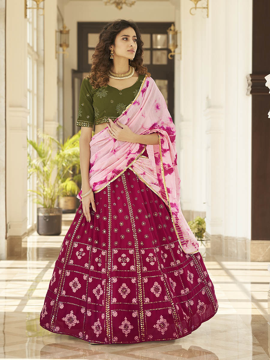 Myra Deep Pink & Olive Green Pink Georgette Embroidered Designer Lehenga - Distacart