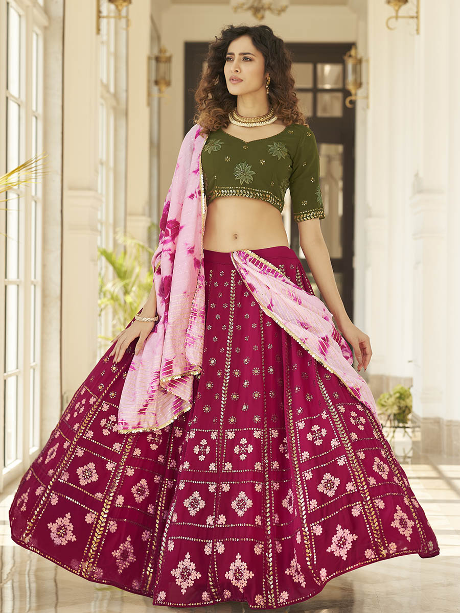 Myra Deep Pink & Olive Green Pink Georgette Embroidered Designer Lehenga - Distacart