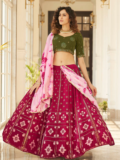 Myra Deep Pink & Olive Green Pink Georgette Embroidered Designer Lehenga - Distacart