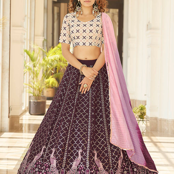 Myra Purple & White Georgette Embroidered Designer Lehenga - Distacart
