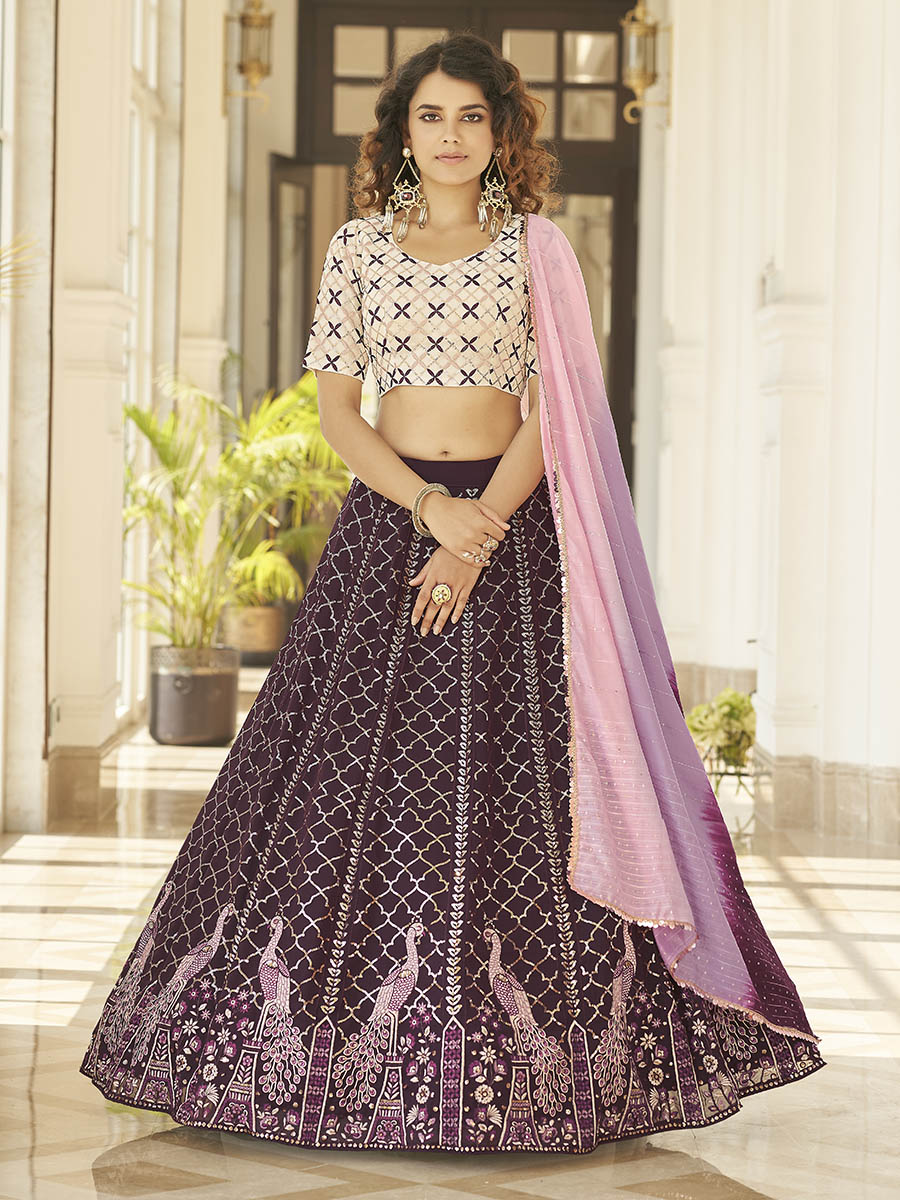 Myra Purple & White Georgette Embroidered Designer Lehenga - Distacart