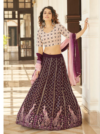 Myra Purple & White Georgette Embroidered Designer Lehenga - Distacart