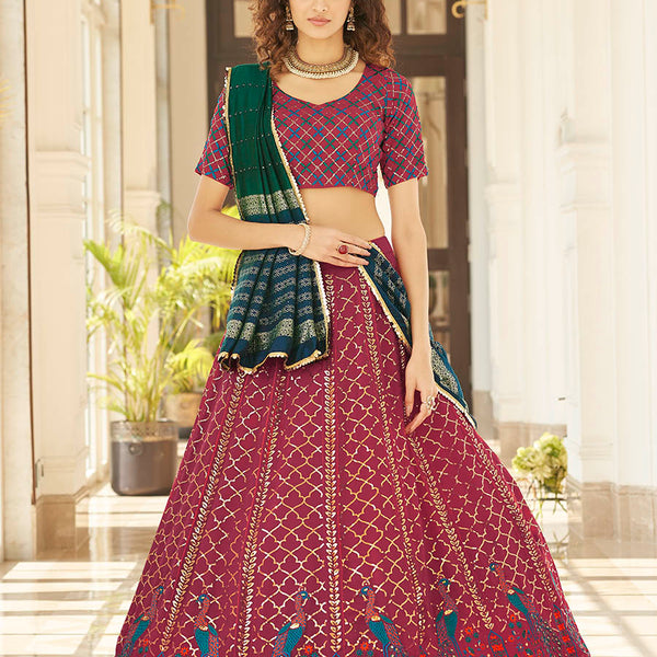 Myra Deep Pink & Green Georgette Embroidered Designer Lehenga - Distacart