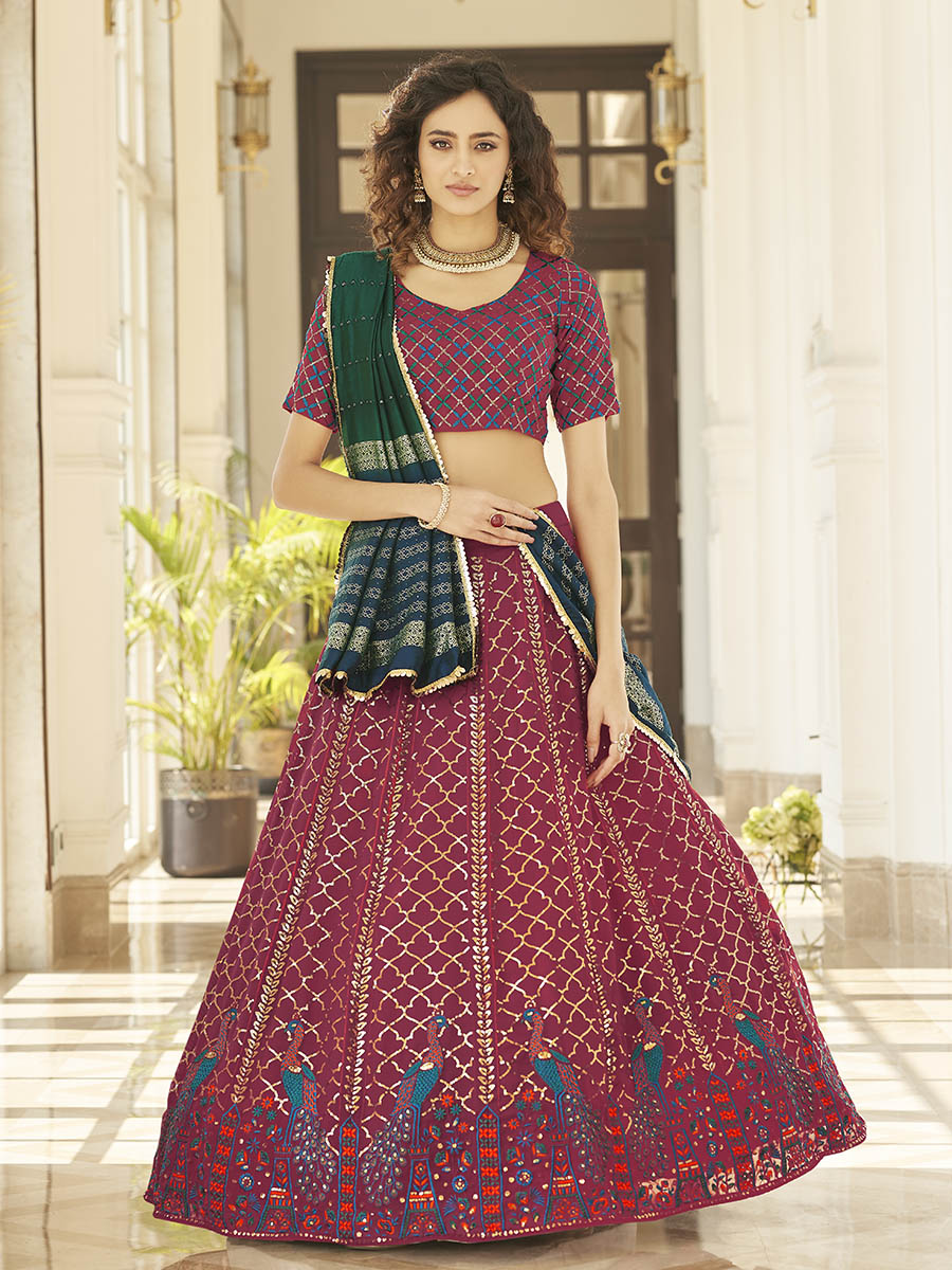 Myra Deep Pink & Green Georgette Embroidered Designer Lehenga - Distacart