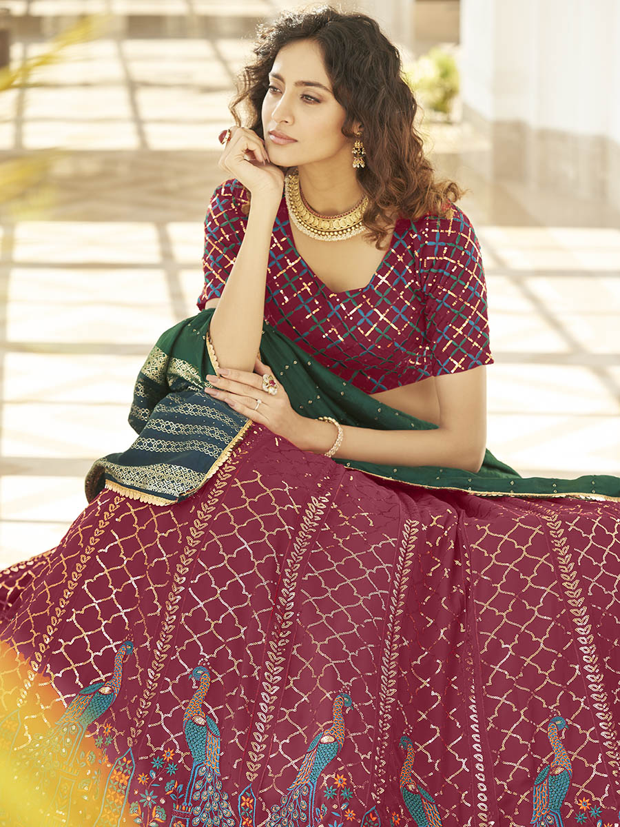 Myra Deep Pink & Green Georgette Embroidered Designer Lehenga - Distacart