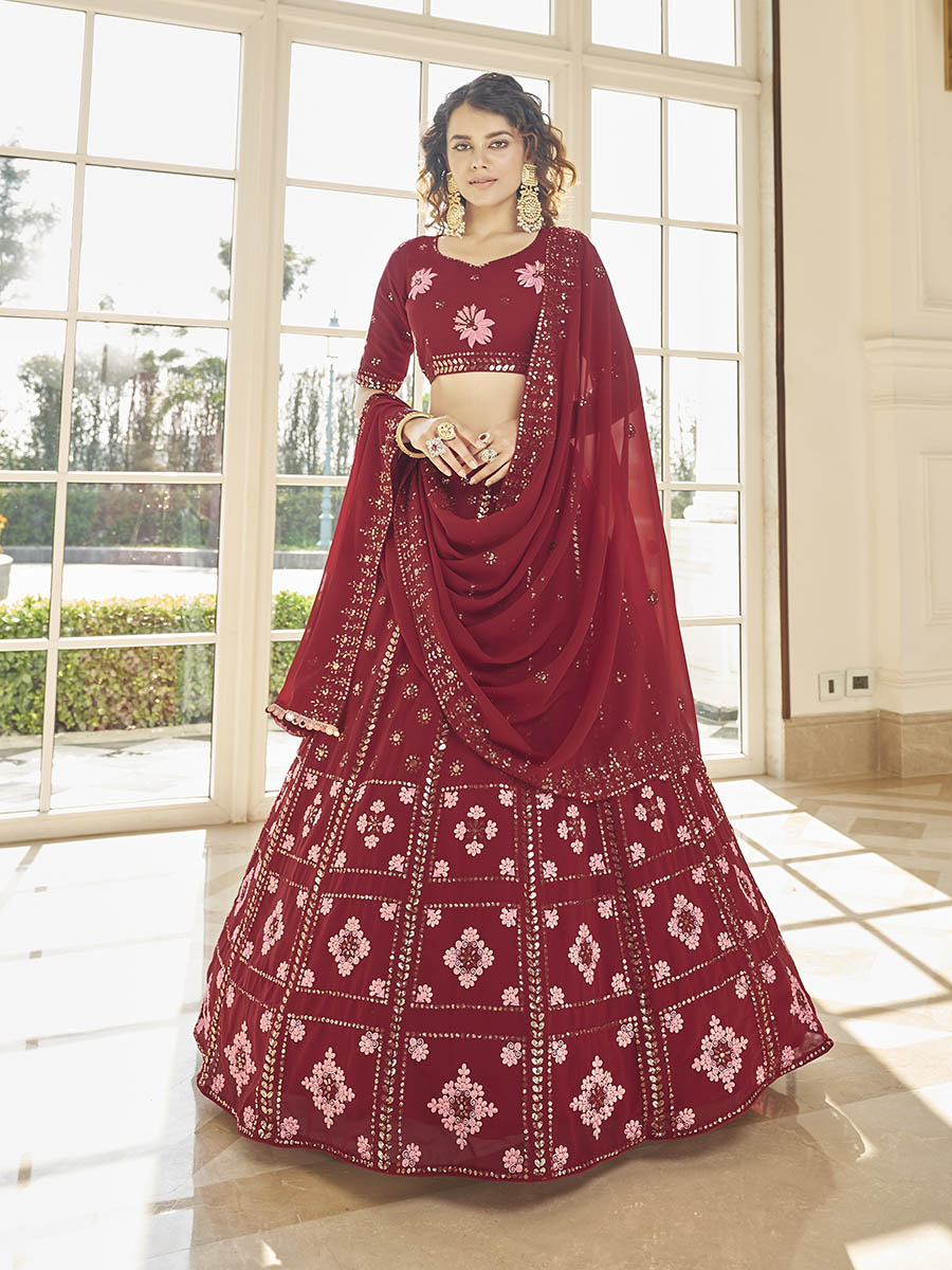 Myra Red Georgette Embroidered Designer Lehenga - Distacart