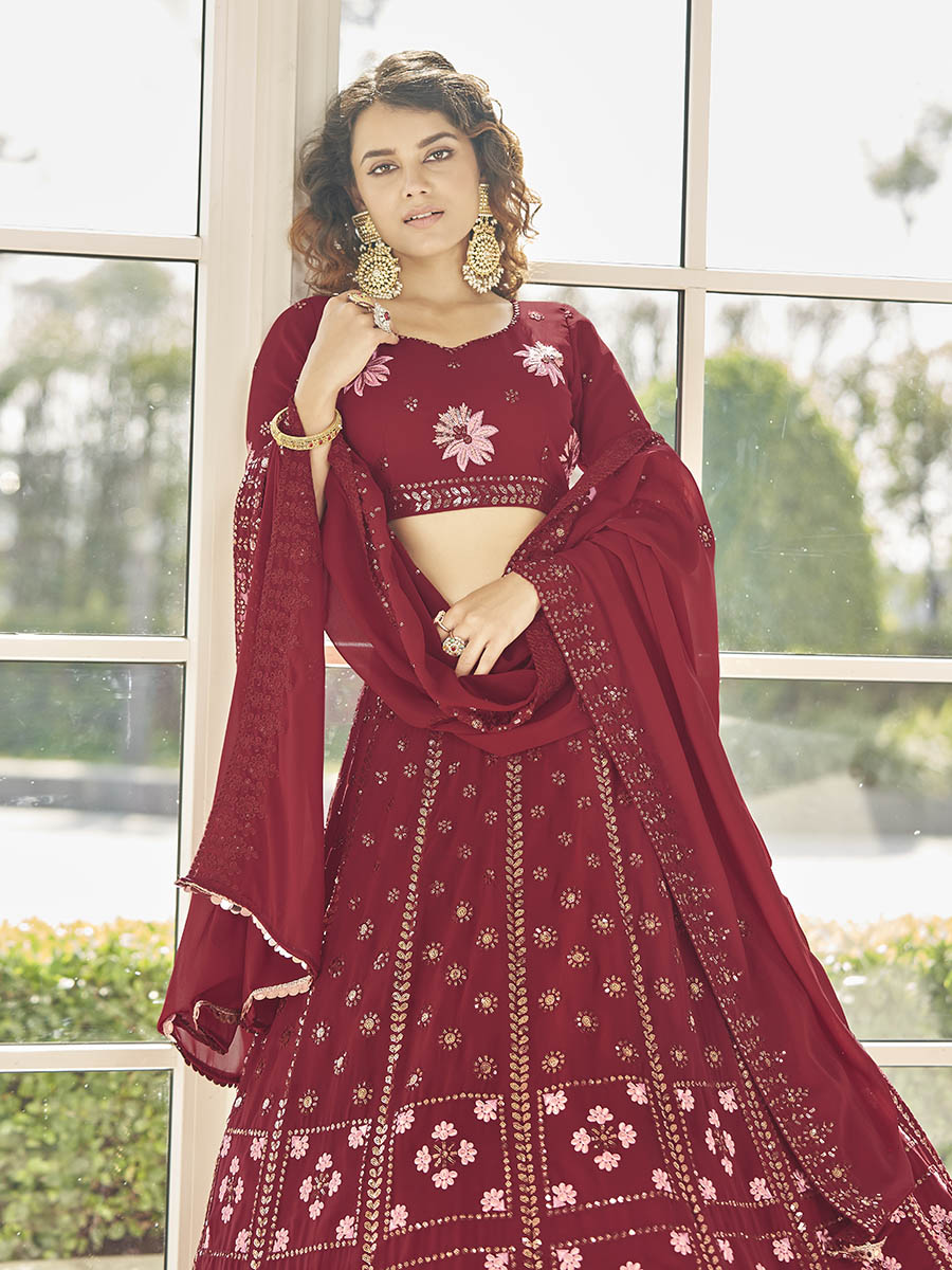 Myra Red Georgette Embroidered Designer Lehenga - Distacart