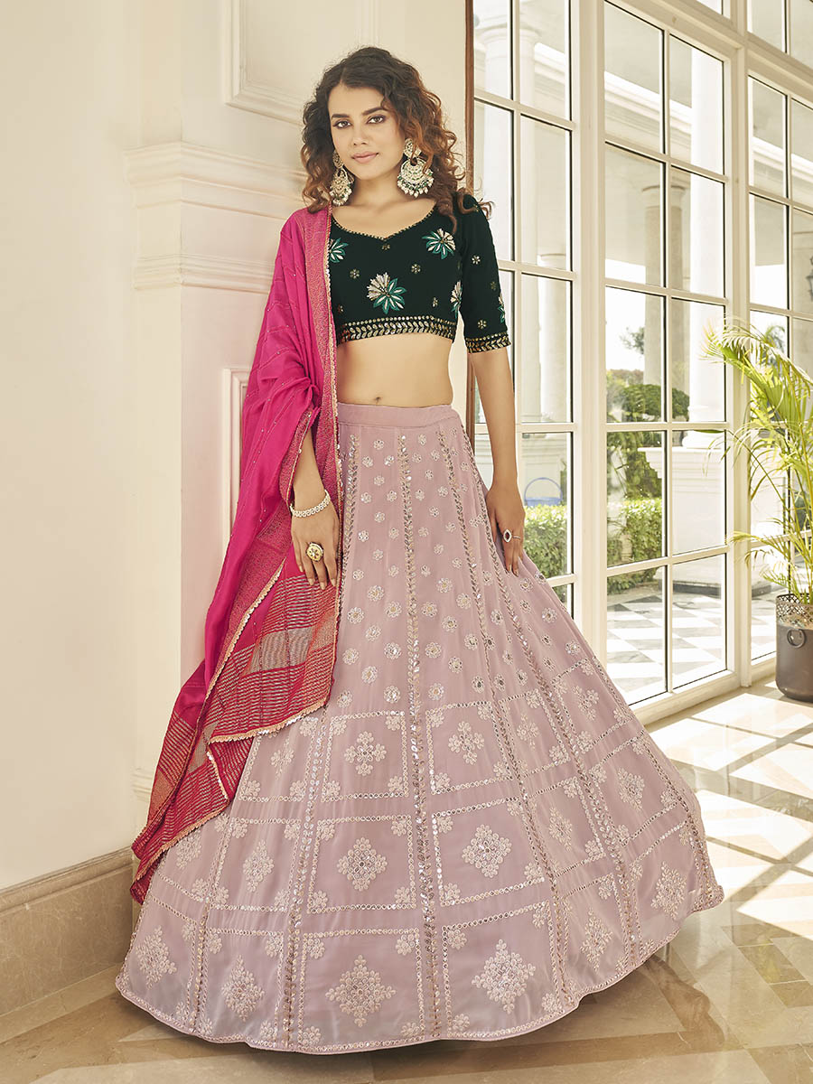 Myra Dusty Pink & Green Georgette Embroidered Designer Lehenga - Distacart