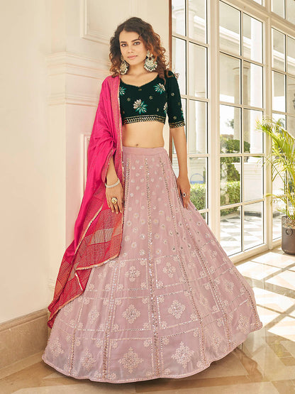 Myra Dusty Pink & Green Georgette Embroidered Designer Lehenga - Distacart