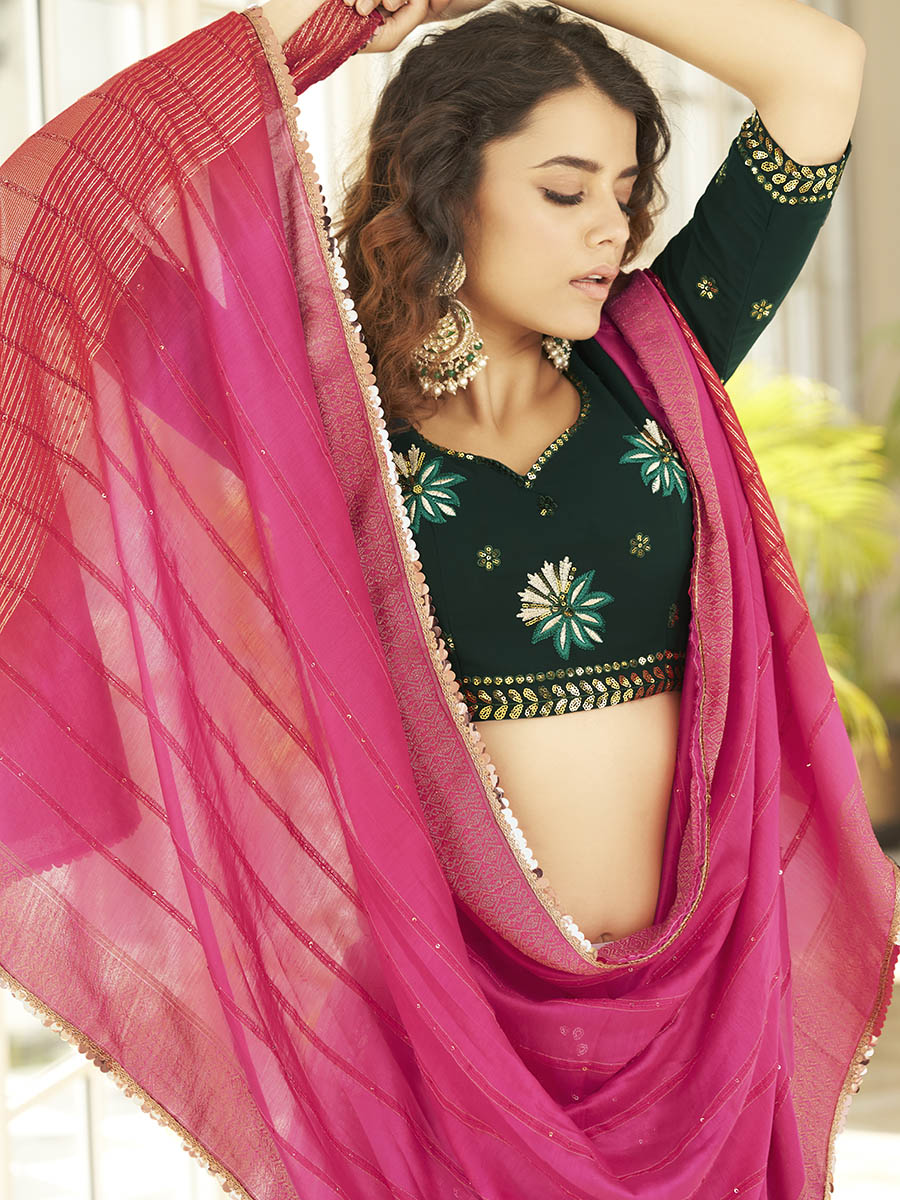 Myra Dusty Pink & Green Georgette Embroidered Designer Lehenga - Distacart