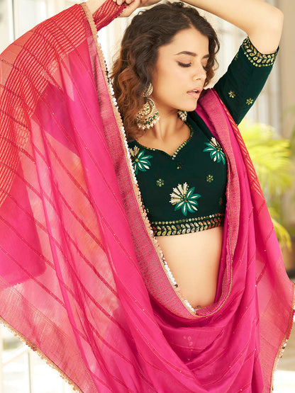 Myra Dusty Pink & Green Georgette Embroidered Designer Lehenga - Distacart