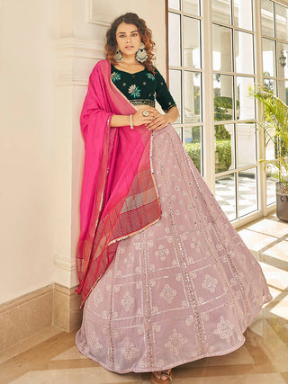 Myra Dusty Pink & Green Georgette Embroidered Designer Lehenga - Distacart