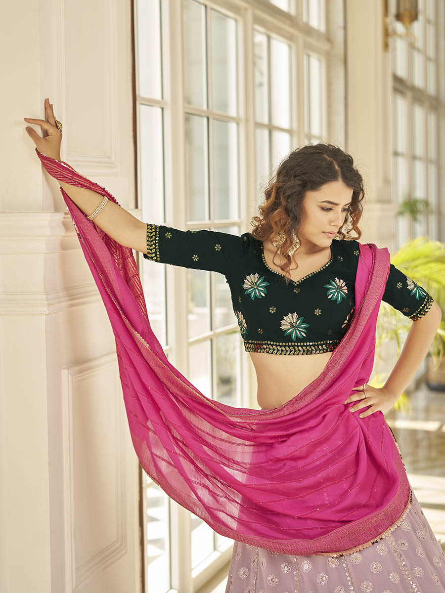 Myra Dusty Pink & Green Georgette Embroidered Designer Lehenga - Distacart