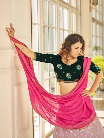Myra Dusty Pink & Green Georgette Embroidered Designer Lehenga - Distacart
