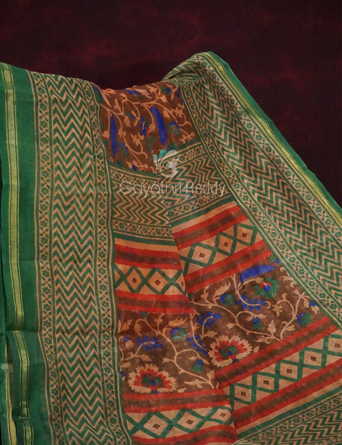 Shades of Dark Mehndi With Leaf Green Blouse Creeper Design Semi Chanderi Saree By Gayathri Reddy Designer Studio - Distacart