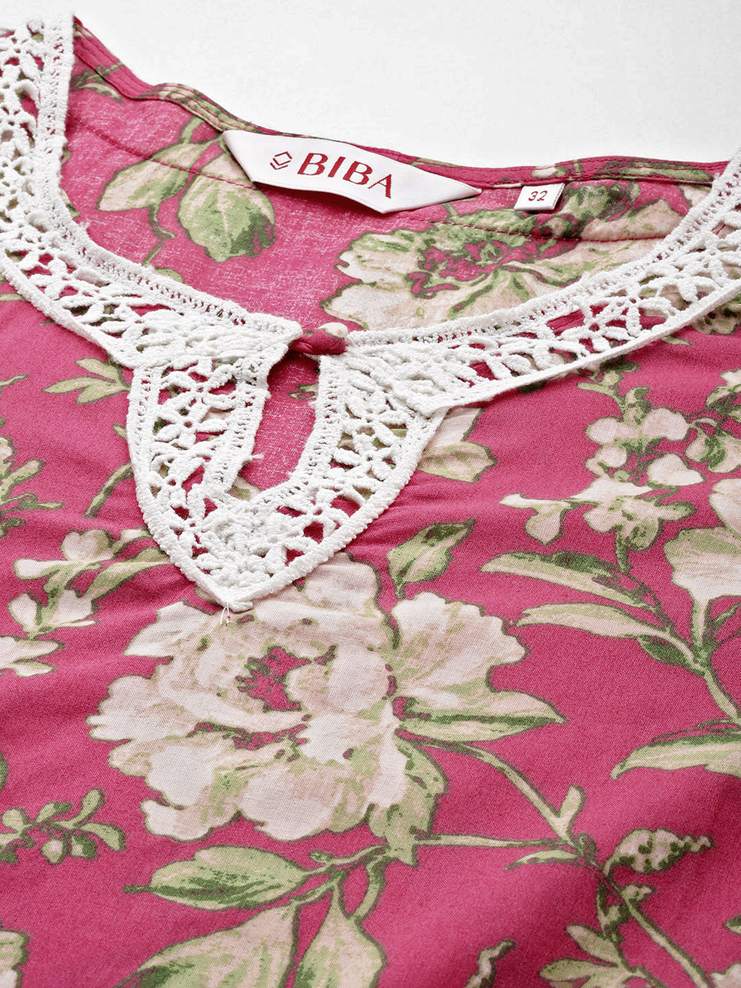 Biba Women Floral Printed Regular Pure Cotton Kurta with Trousers - Distacart