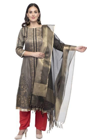 A R Silk Women's Tissue Silk Zari Work Black Regular Dupatta