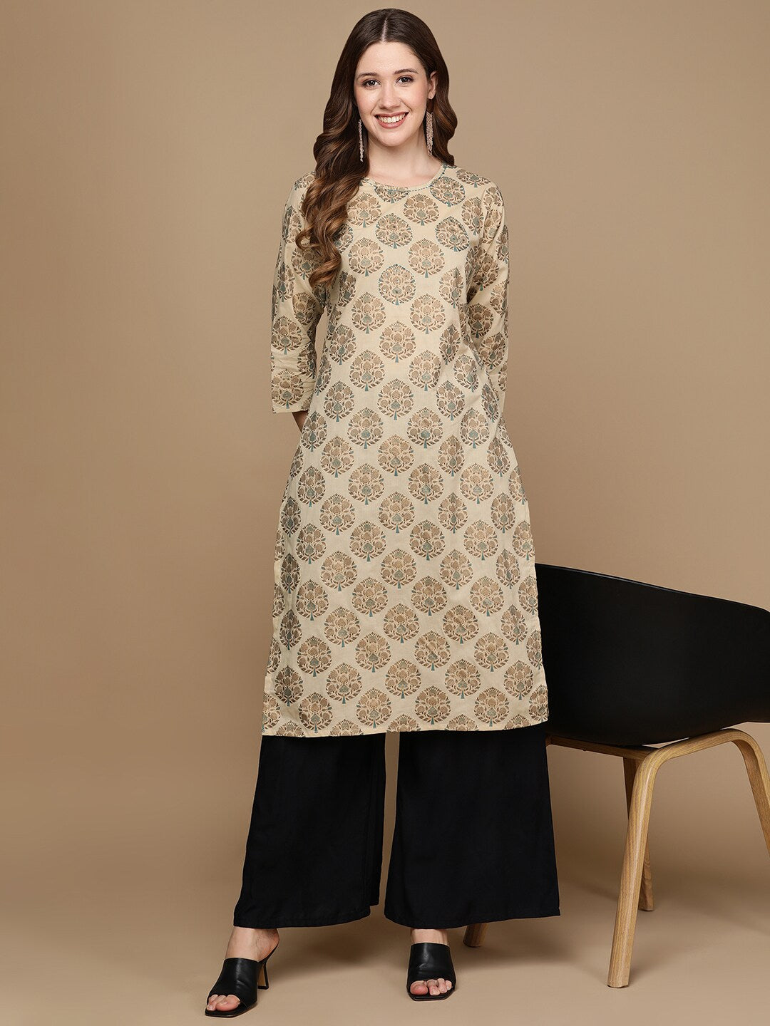 HERE&NOW Beige & Brown Ethnic Motifs Embroidered Pure Cotton Straight Kurta - Distacart